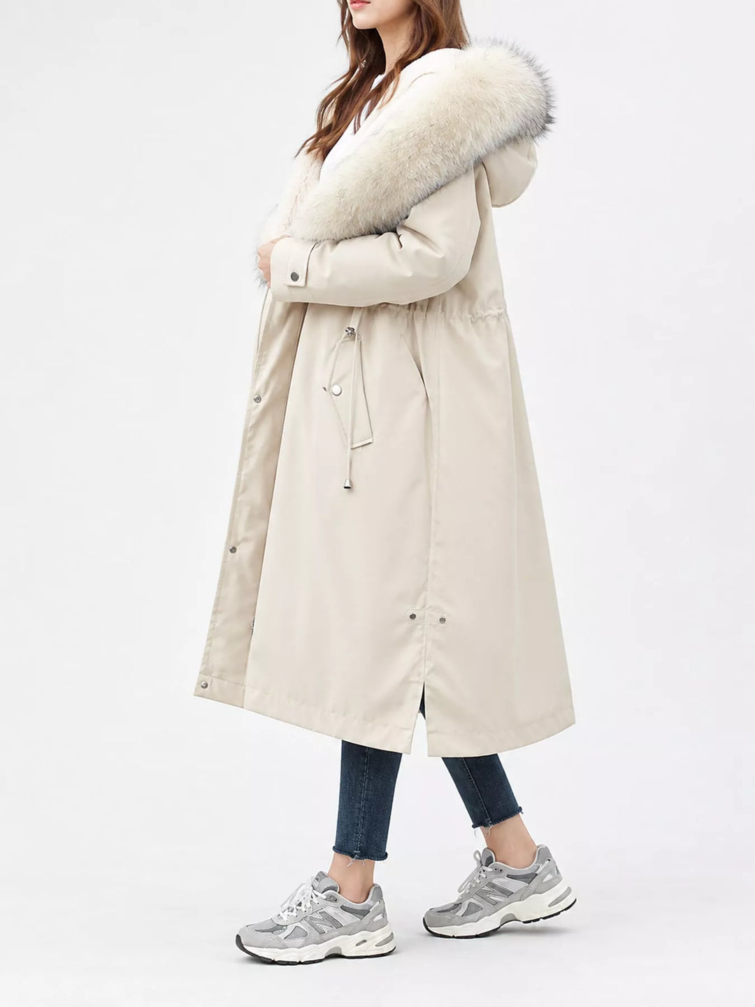 Faux fur hood drawstring waist longline in off-white, front view 2
