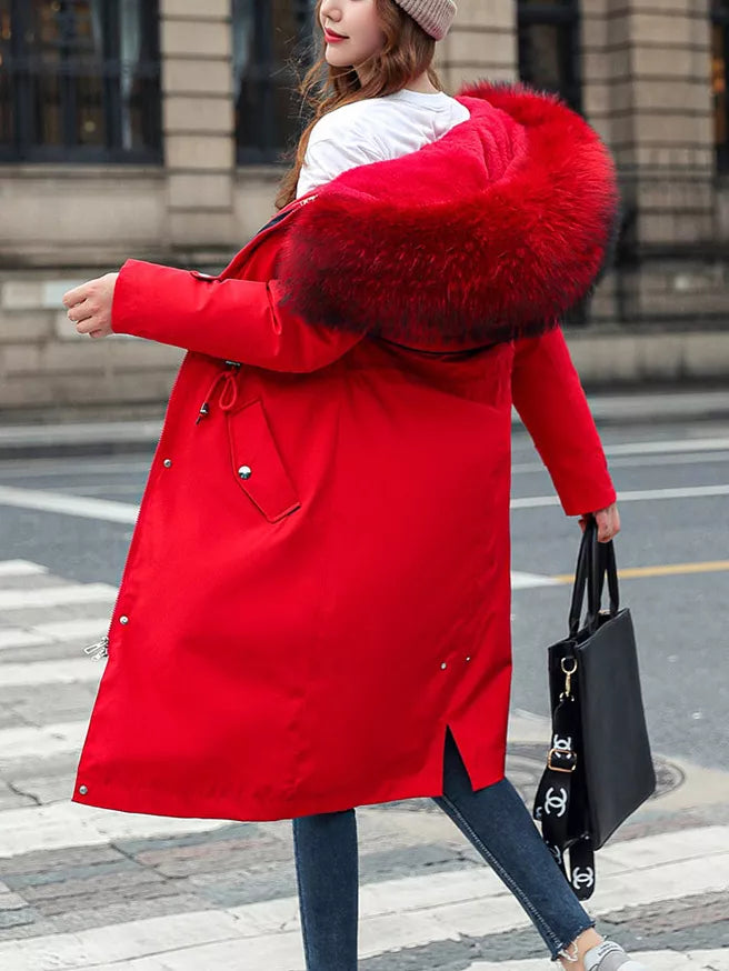 Faux fur hood drawstring waist longline in red, back view