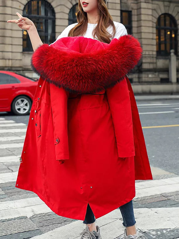 Faux fur hood drawstring waist longline in red, close-up detail