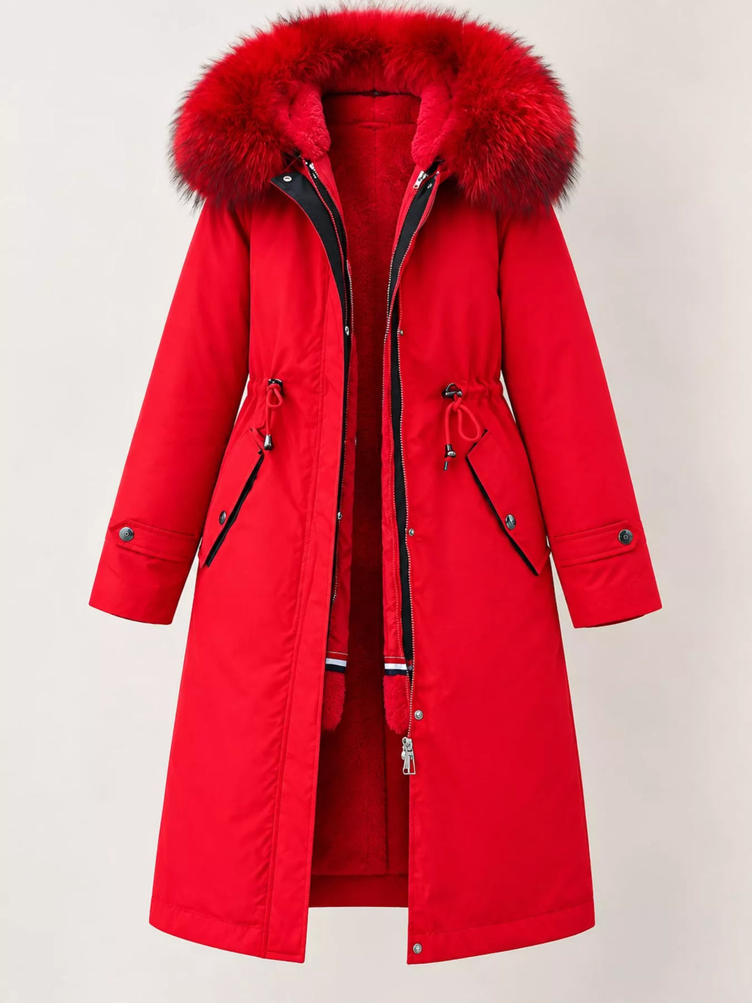 Faux fur hood drawstring waist longline in red, flat lay