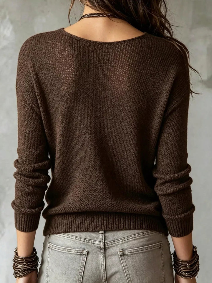 Back view of the coffee brown dropped shoulder knit sweater with ribbed hem