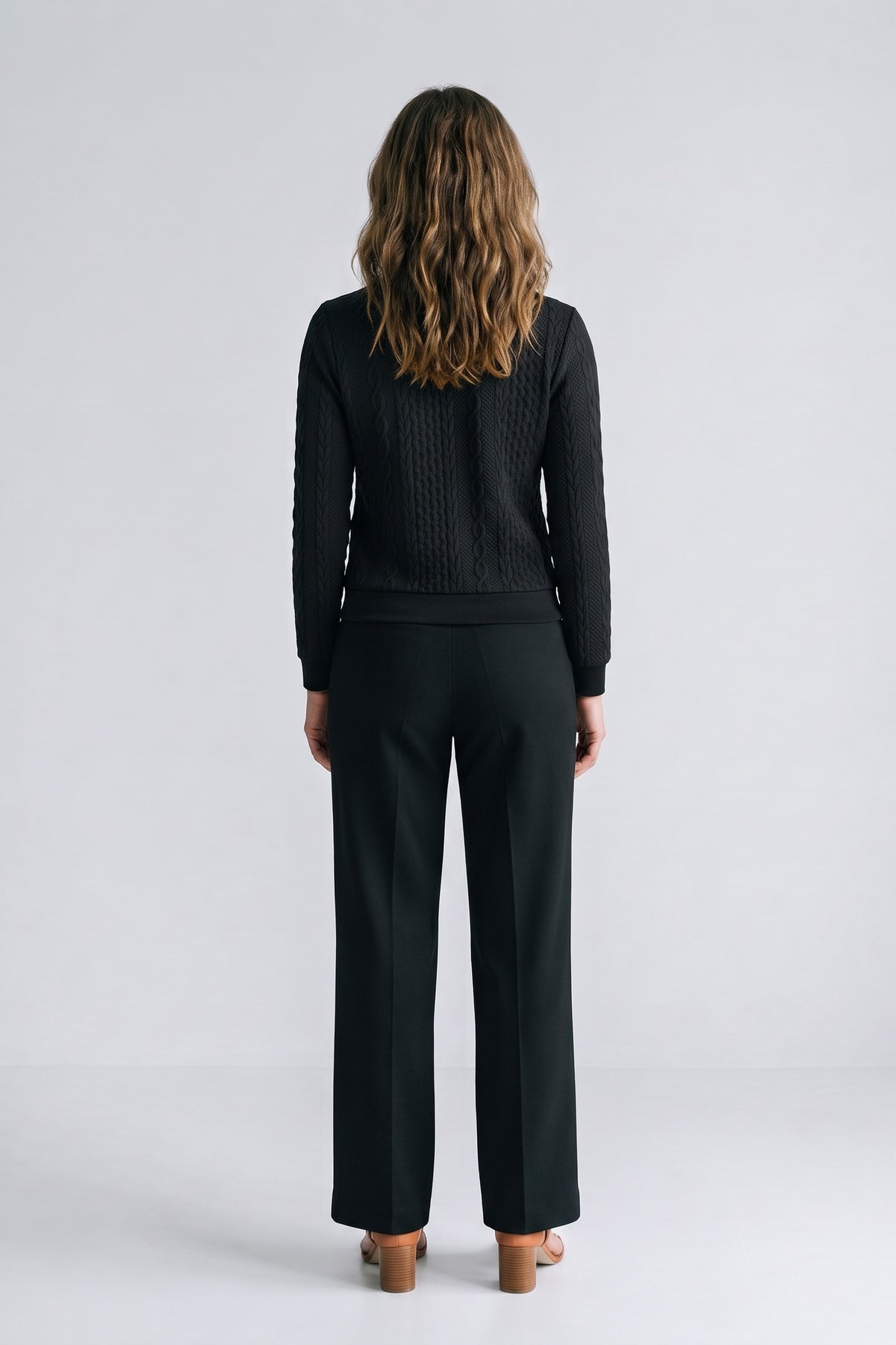 Women's Zip Sweatshirt | Cable Pattern — Black — back view — on model