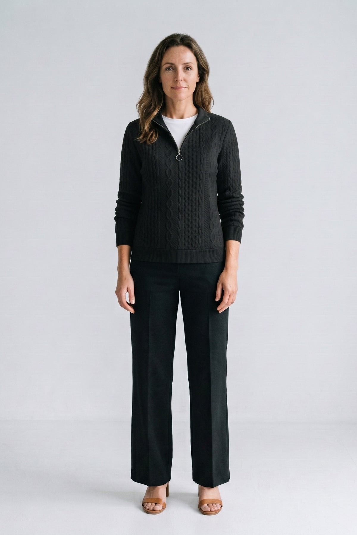 Women's Zip Sweatshirt | Cable Pattern — Black — front view — on model
