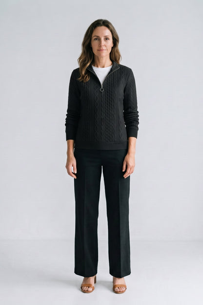 Women's Zip Sweatshirt | Cable Pattern — Black — front view — on model