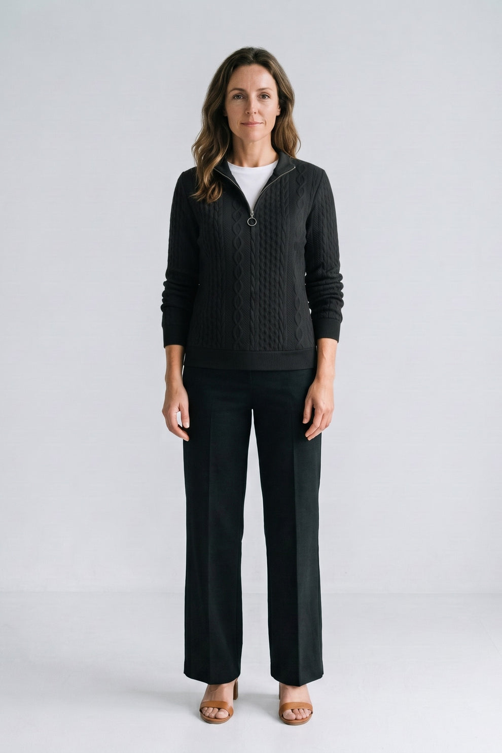 Women's Zip Sweatshirt | Cable Pattern — Black — front view — on model