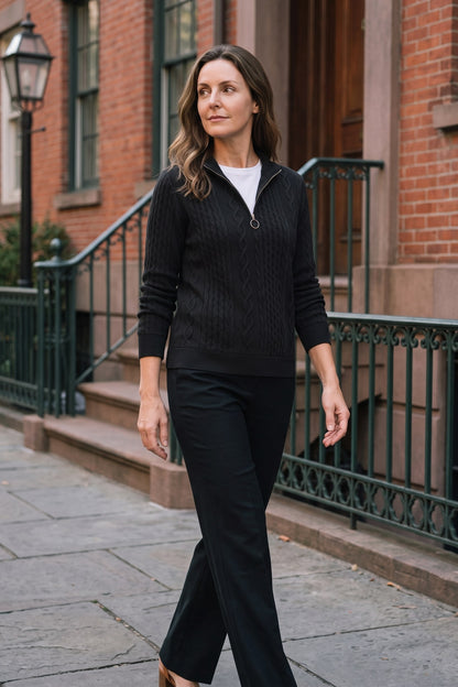 Women's Zip Sweatshirt | Cable Pattern — Black — lifestyle — on model