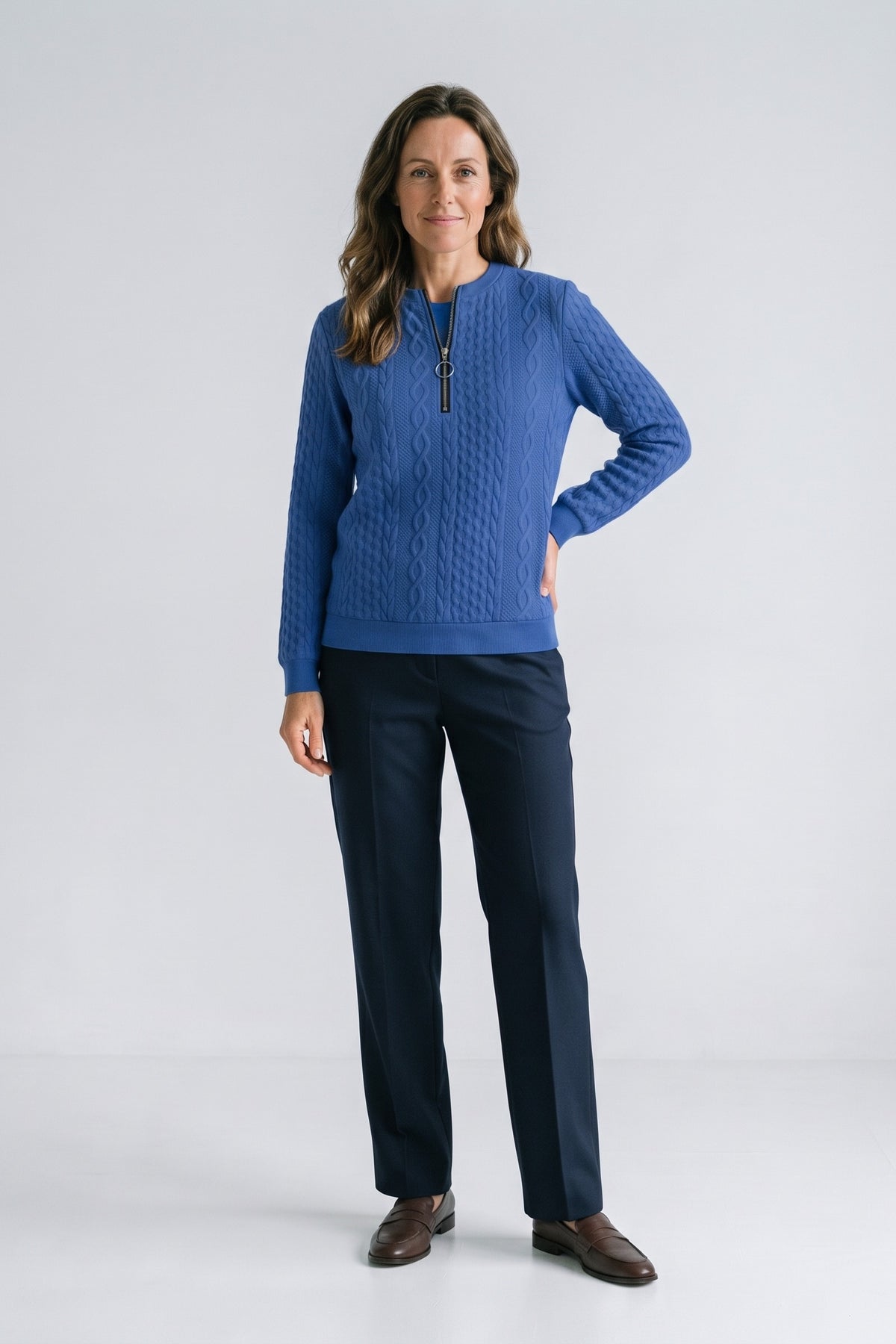 Women's Zip Sweatshirt | Cable Pattern — Blue — front view — on model