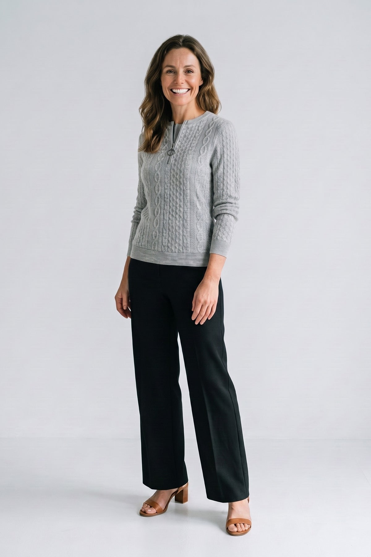 Women's Zip Sweatshirt | Cable Pattern — Grey — front view — on model
