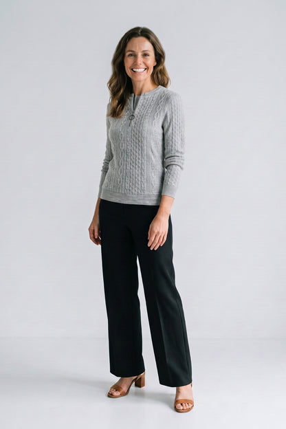 Women's Zip Sweatshirt | Cable Pattern — Grey — front view — on model