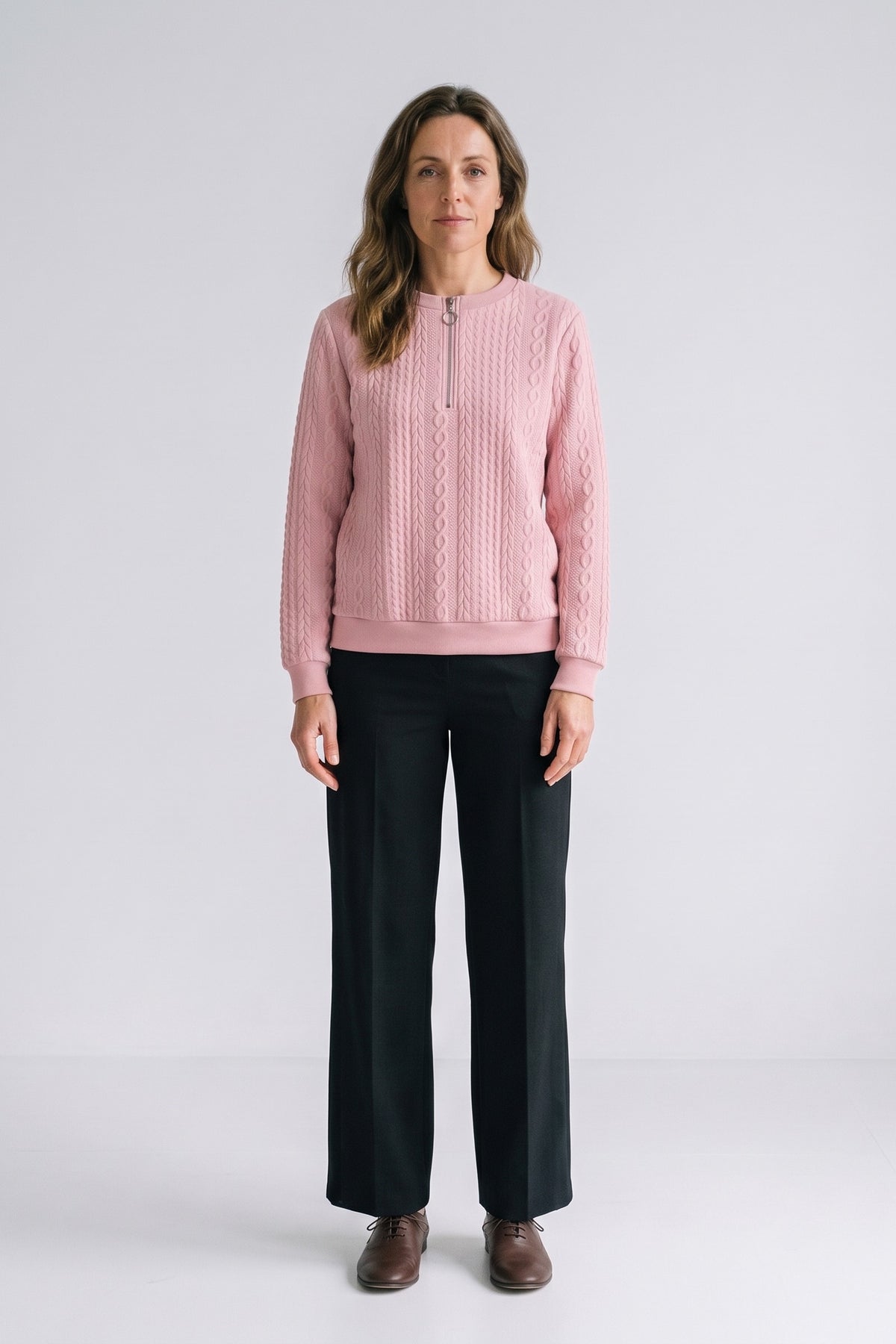 Women's Zip Sweatshirt | Cable Pattern — Pink — front view — on model