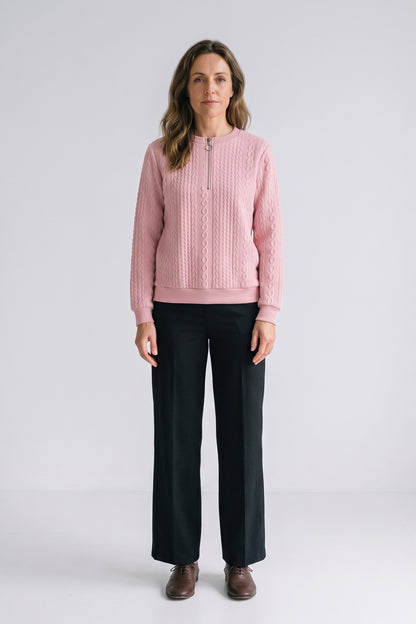 Women's Zip Sweatshirt | Cable Pattern — Pink — front view — on model