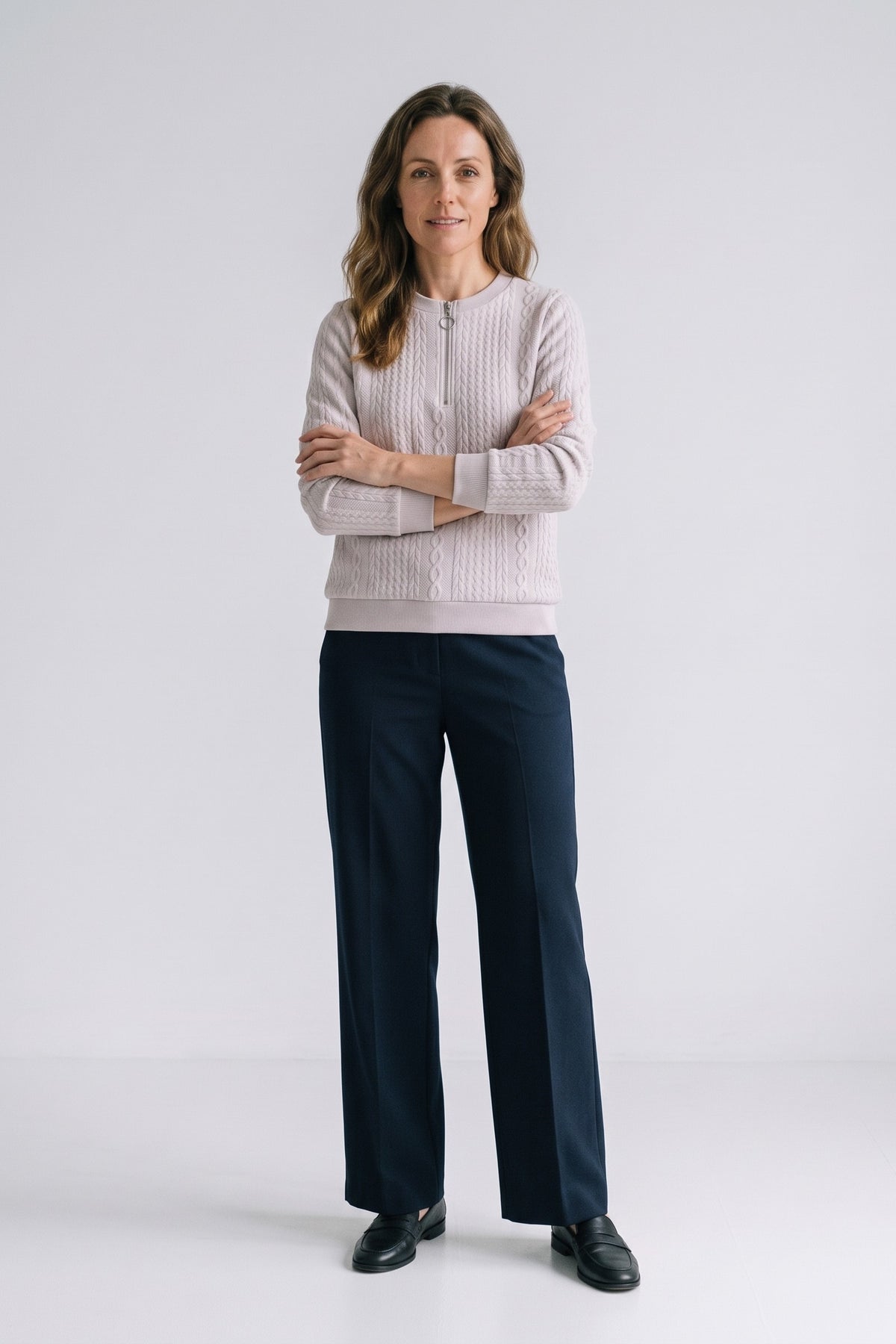 Women's Zip Sweatshirt | Cable Pattern — White — front view — on model