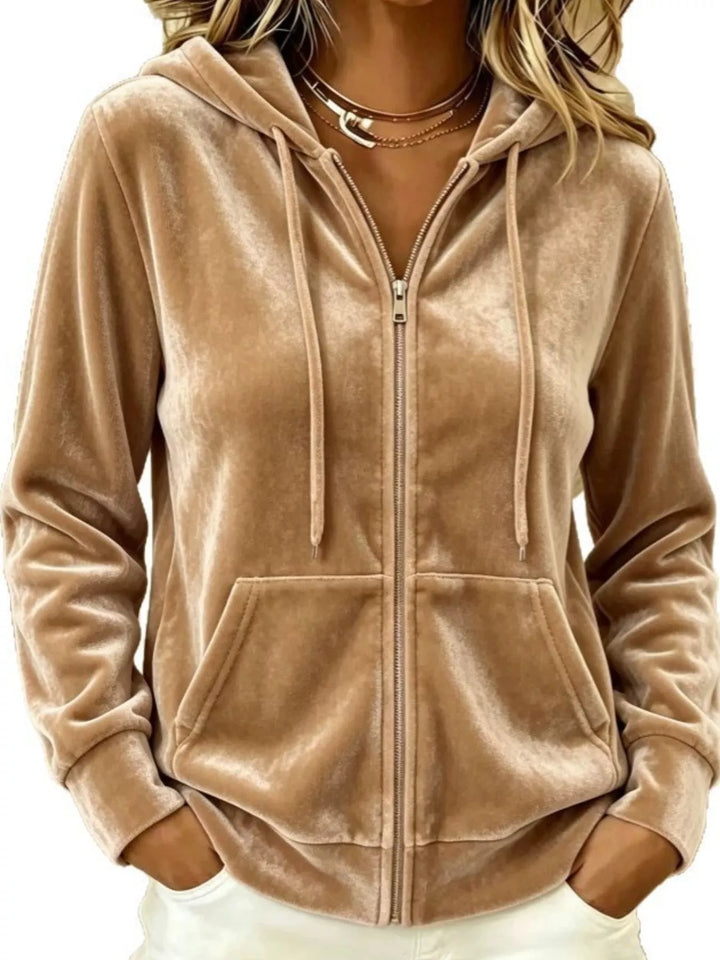 Velvet-look drawstring kangaroo pocket in camel, front view
