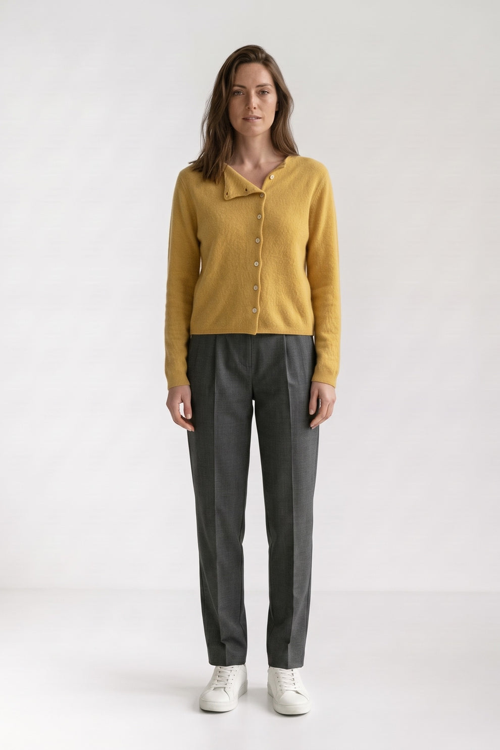 Women's Cardigan Sweaters | Button Front — Yellow — front view — on model
