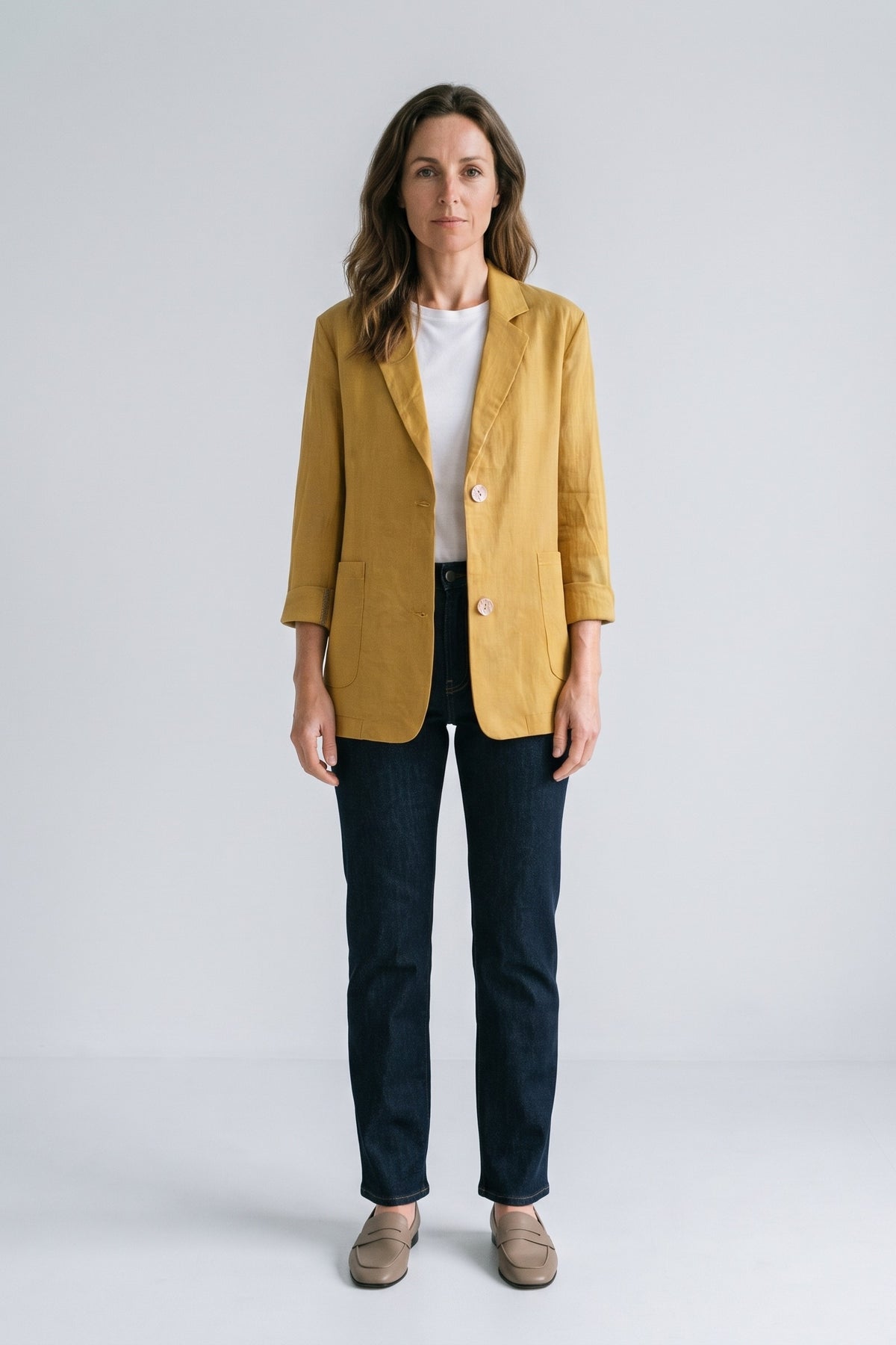 Women's Notched Lapel Blazer | Curved Hem — Yellow — front view — on model
