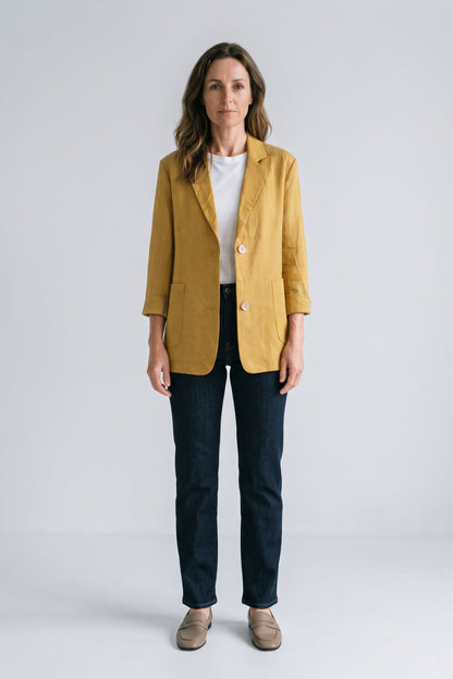 Women's Notched Lapel Blazer | Curved Hem — Yellow — front view — on model